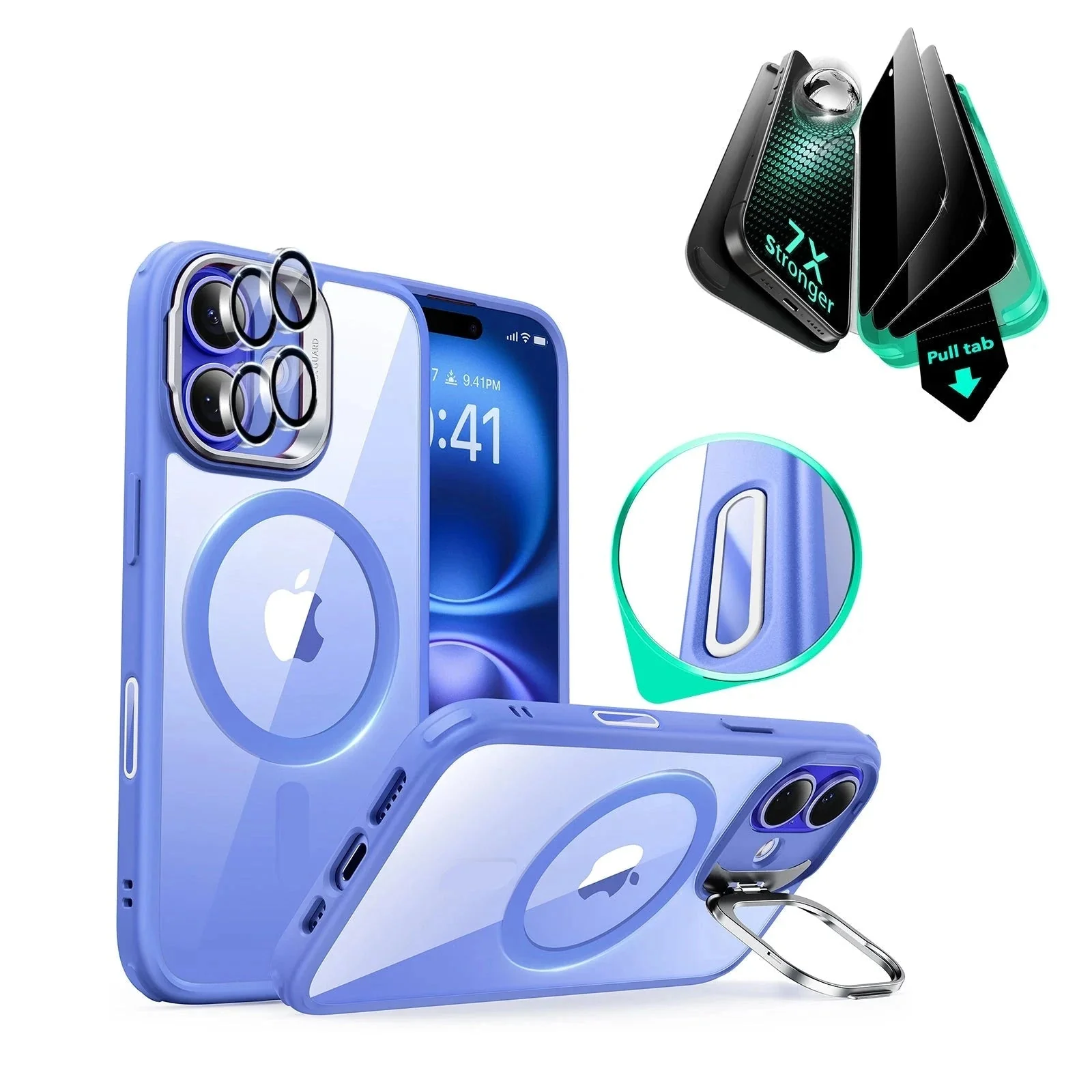 iPhone 16 Plus Classic Hybrid Magnetic Case (Camera Control, Stash Stand) & Privacy Screen Protector Bundle - Clear Blue
