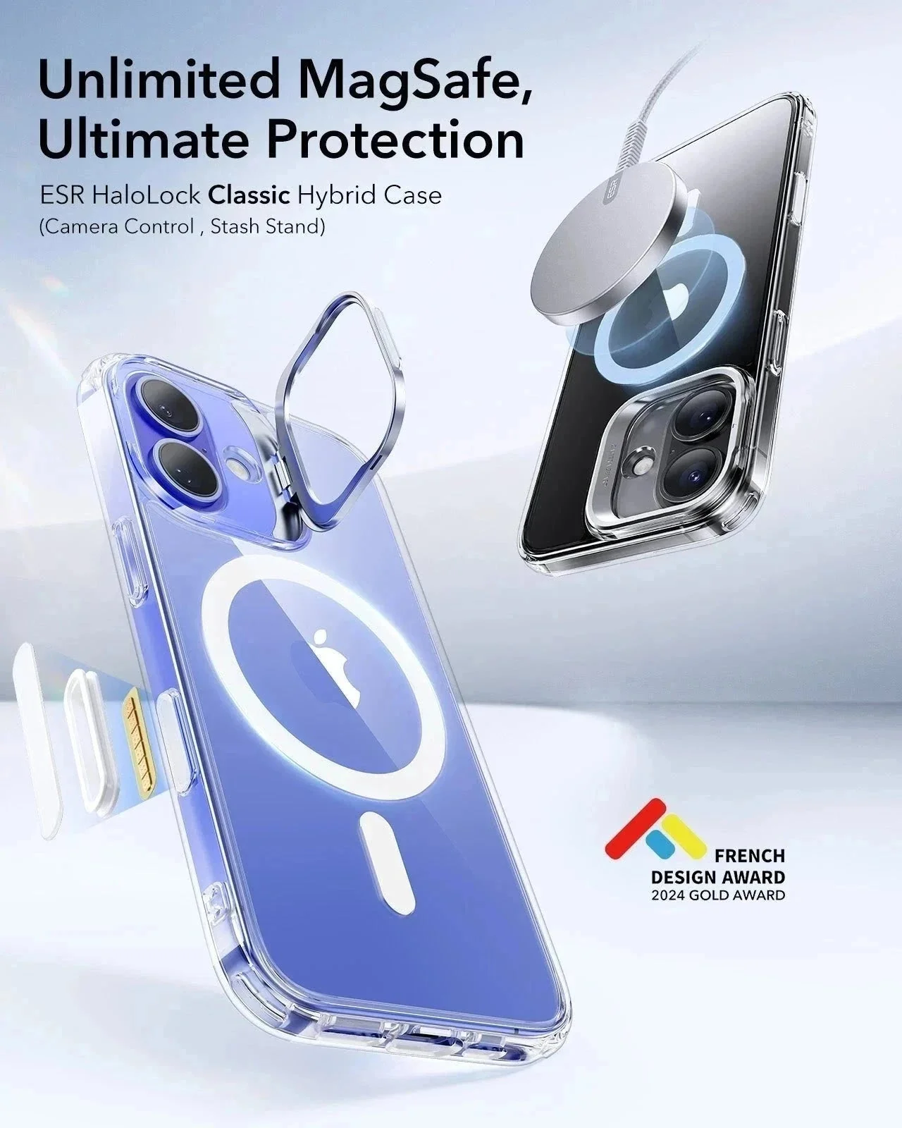iPhone 16 Plus Classic Hybrid Magnetic Case (Camera Control, Stash Stand) & Privacy Screen Protector Bundle - Clear Blue - Image 3