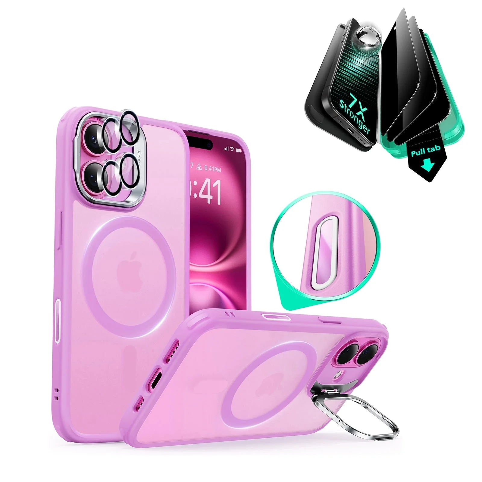 iPhone 16 Plus Classic Hybrid Magnetic Case (Camera Control, Stash Stand) & Privacy Screen Protector Bundle - Frosted Pink