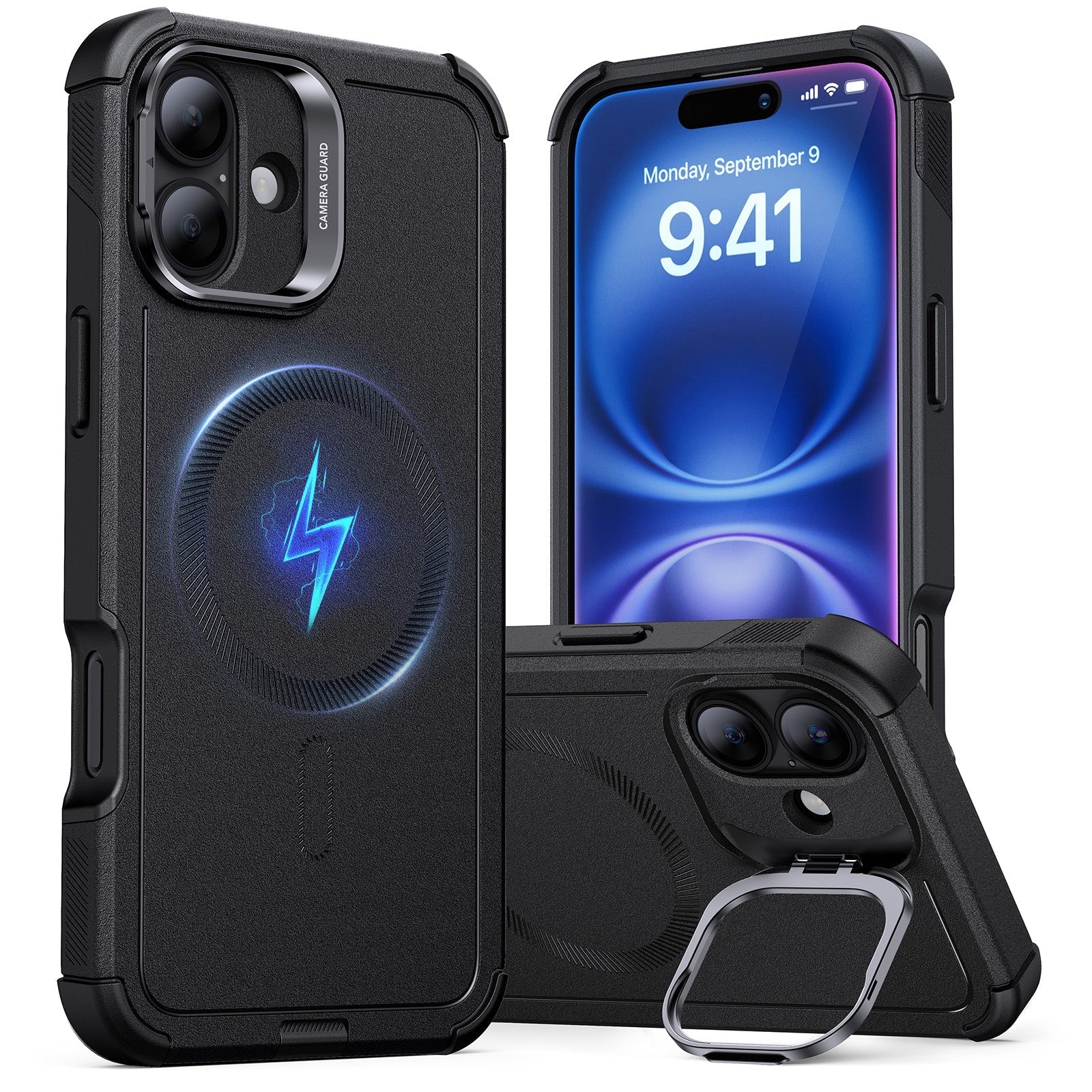 iPhone 16 Plus Cyber Tough Case with Stash Stand (HaloLock) - Black