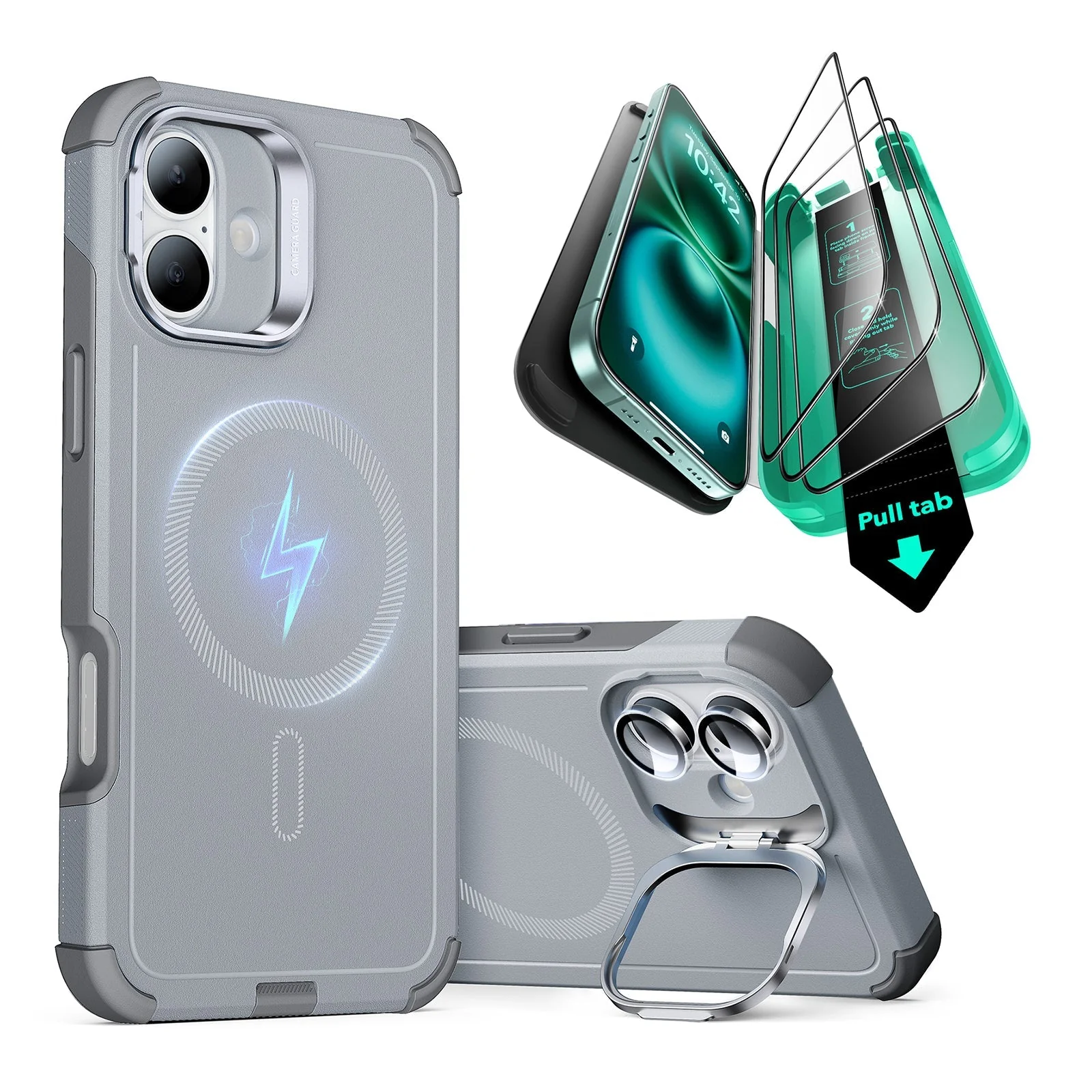 iPhone 16 Plus Cyber Tough Case with Stash Stand Protection Bundle - Light Grey