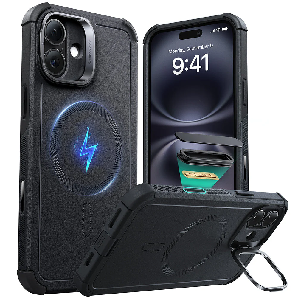 iPhone 16 Plus Cyber Tough Magnetic Case (Camera Control, Stash Stand) - Black