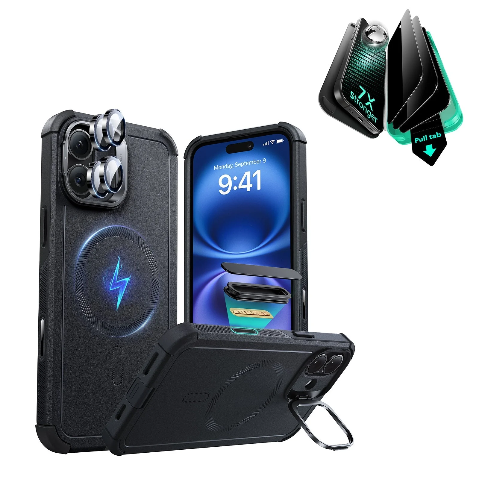 iPhone 16 Plus Cyber Tough Magnetic Case Privacy Protection Bundle (Camera Control, Stash Stand) - Black