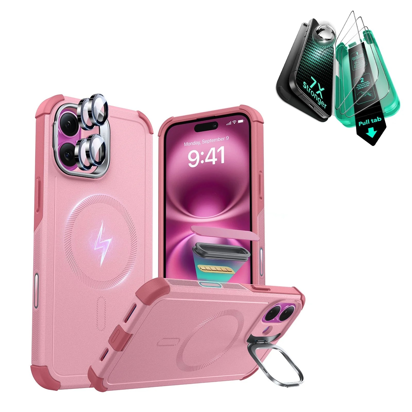 iPhone 16 Plus Cyber Tough Magnetic Case Protection Bundle (Camera Control, Stash Stand) - Pink
