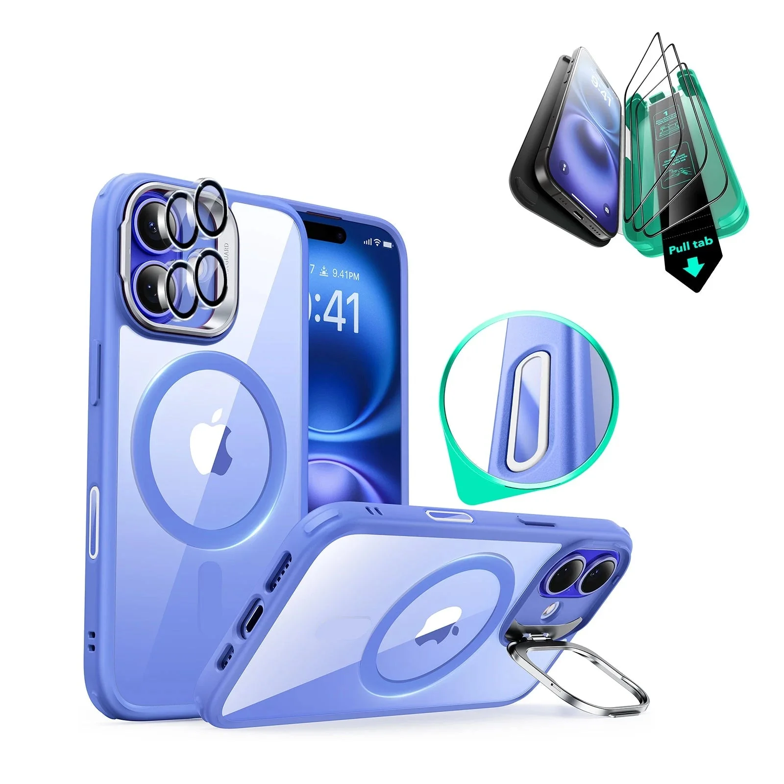 iPhone 16 Plus Classic Hybrid Magnetic Case Protection Bundle (Camera Control, Stash Stand) - Clear Blue