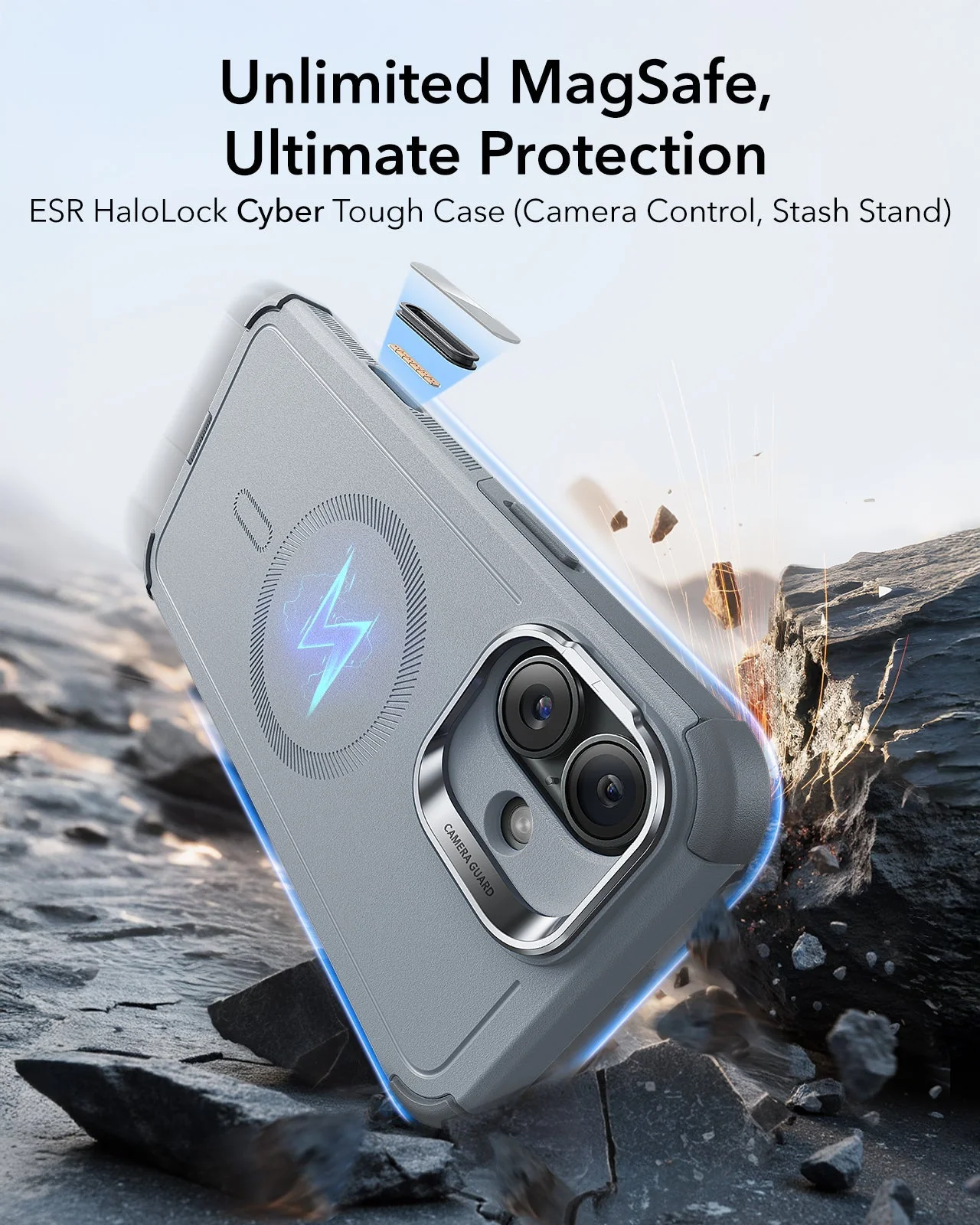 iPhone 16 Plus Cyber Tough Magnetic Case (Camera Control, Stash Stand) - Light Grey - Image 2