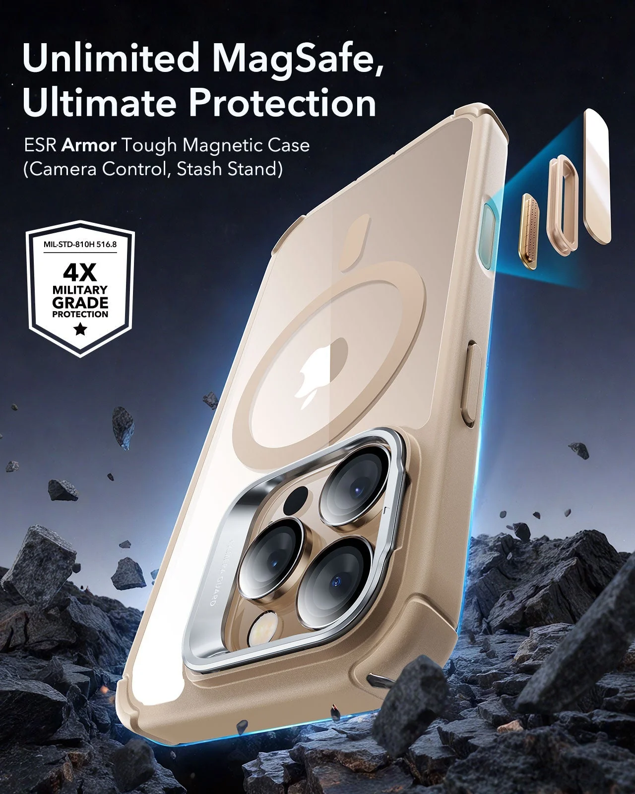 iPhone 16 Pro Armor Tough Magnetic Case (Camera Control, Stash Stand) - Desert Titanium - Image 2