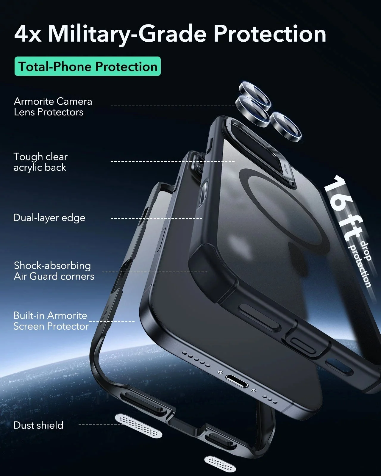 iPhone 16 Pro Armor Tough Magnetic Case (Camera Control, Stash Stand) - Frosted Black - Image 5