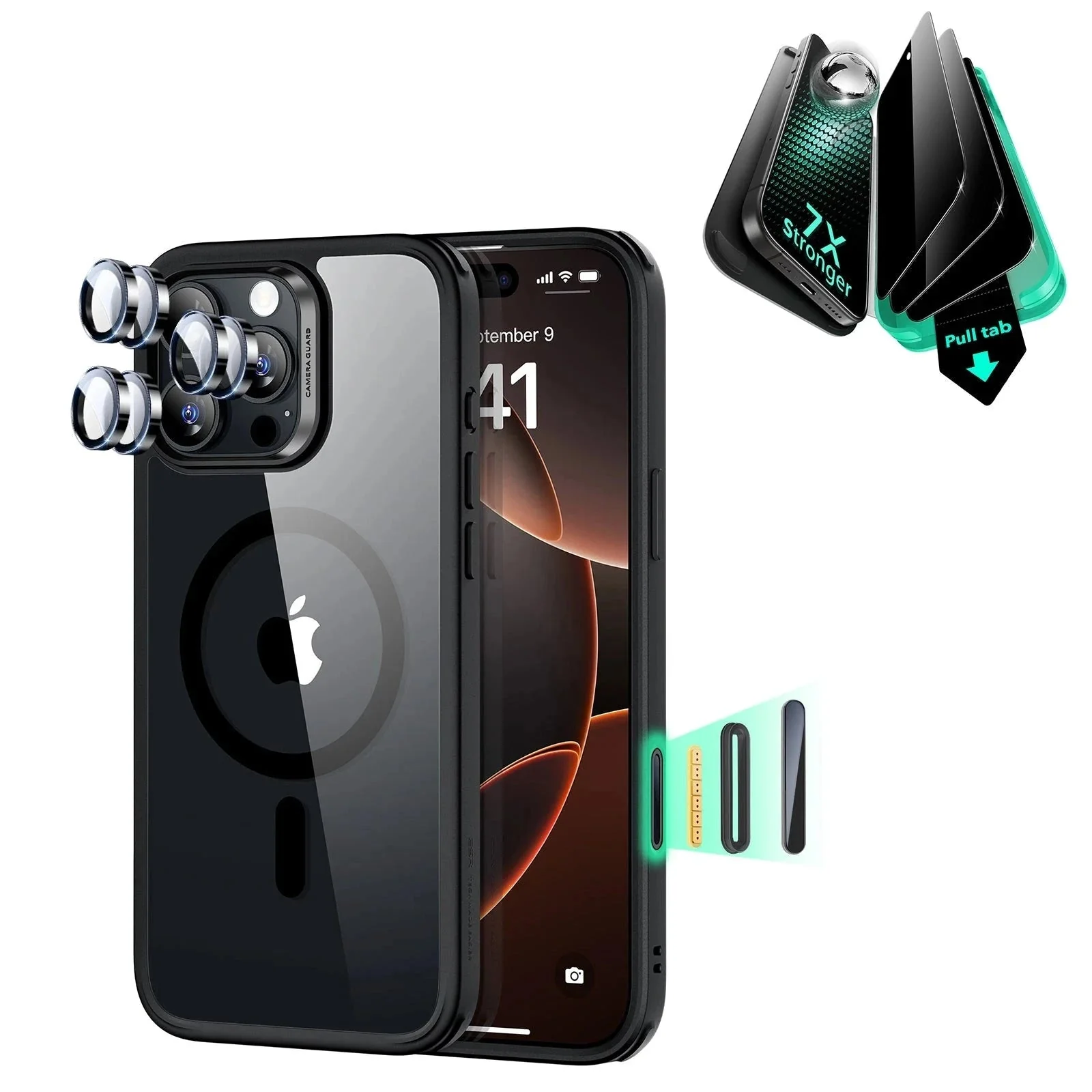 iPhone 16 Pro Classic Hybrid Magnetic Case (Camera Control) & Privacy Screen Protector Bundle - Clear Black