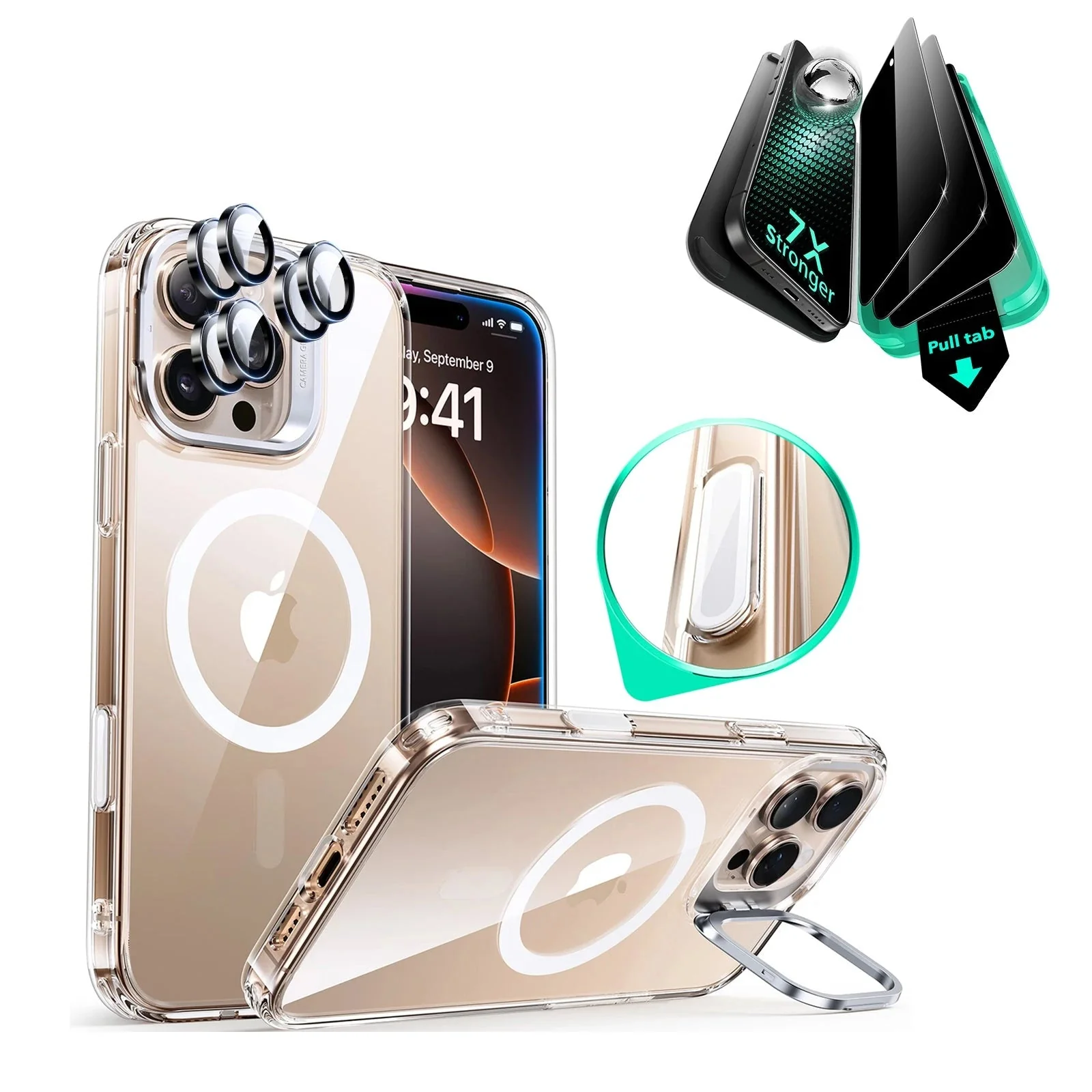 iPhone 16 Pro Classic Hybrid Magnetic Case (Camera Control, Stash Stand) & Privacy Screen Protector Bundle - Clear