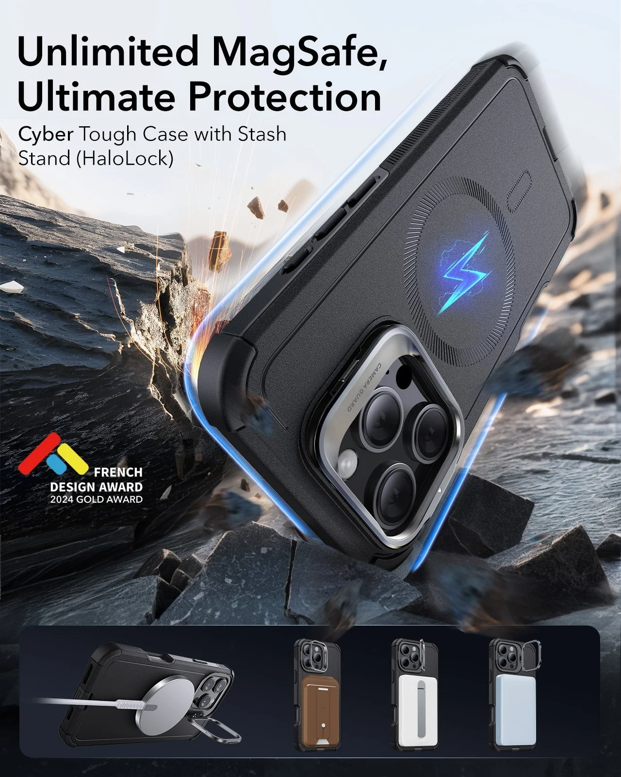 iPhone 16 Pro Cyber Tough Case with Stash Stand (HaloLock) - Black - Image 2