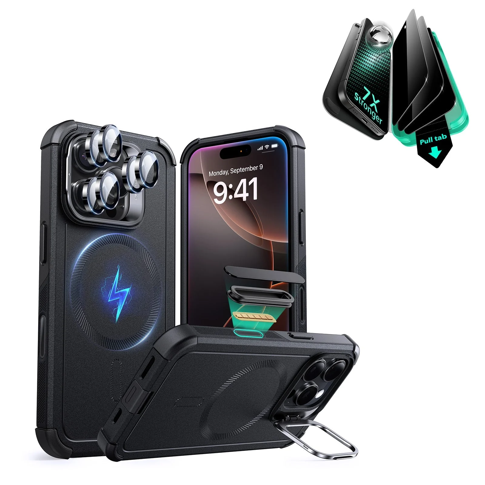 iPhone 16 Pro Cyber Tough Magnetic Case Privacy Protection Bundle (Camera Control, Stash Stand) - Black