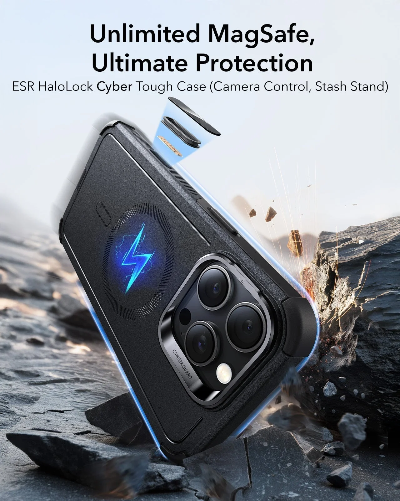 iPhone 16 Pro Cyber Tough Magnetic Case Privacy Protection Bundle (Camera Control, Stash Stand) - Black - Image 3