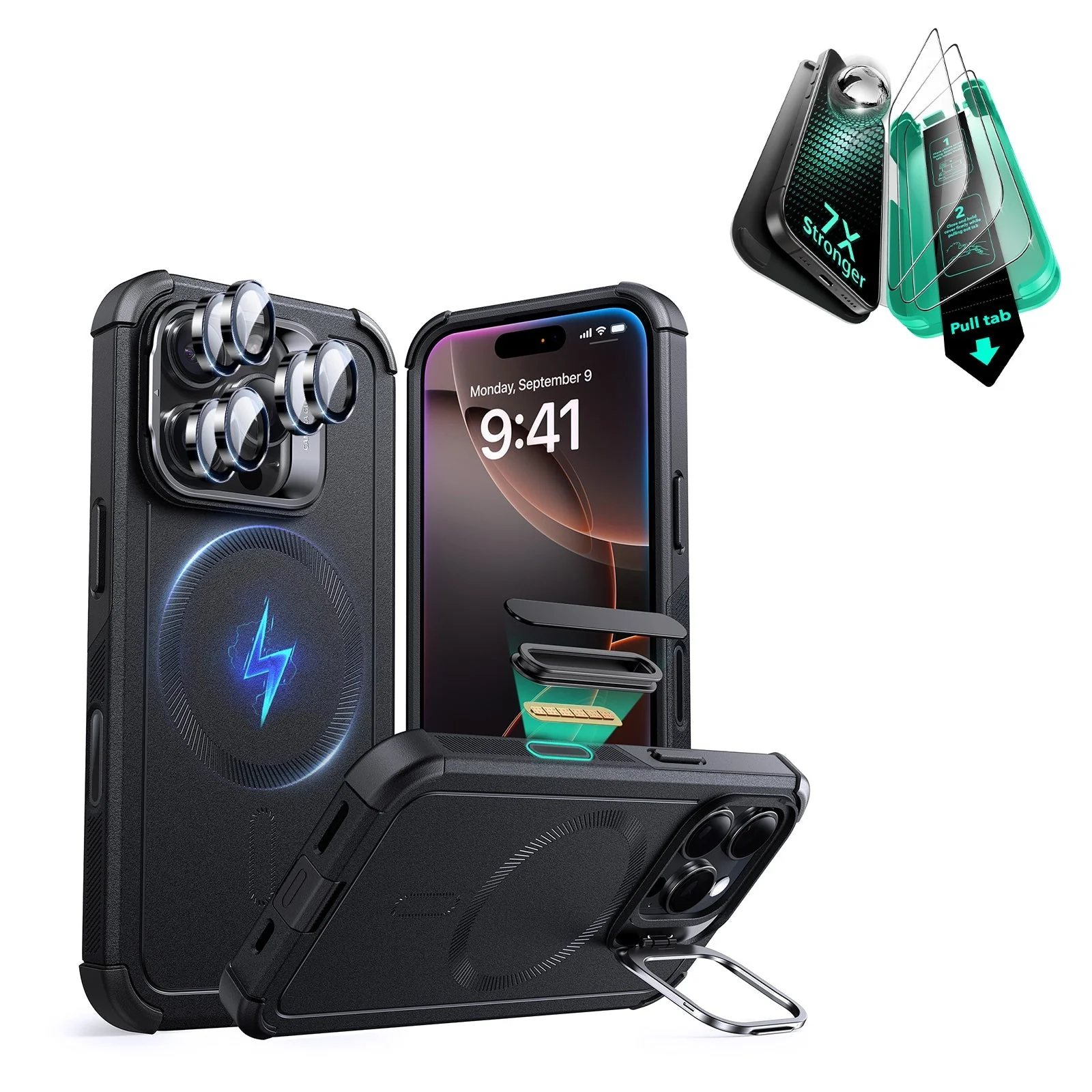 iPhone 16 Pro Cyber Tough Magnetic Case Protection Bundle (Camera Control, Stash Stand) - Black