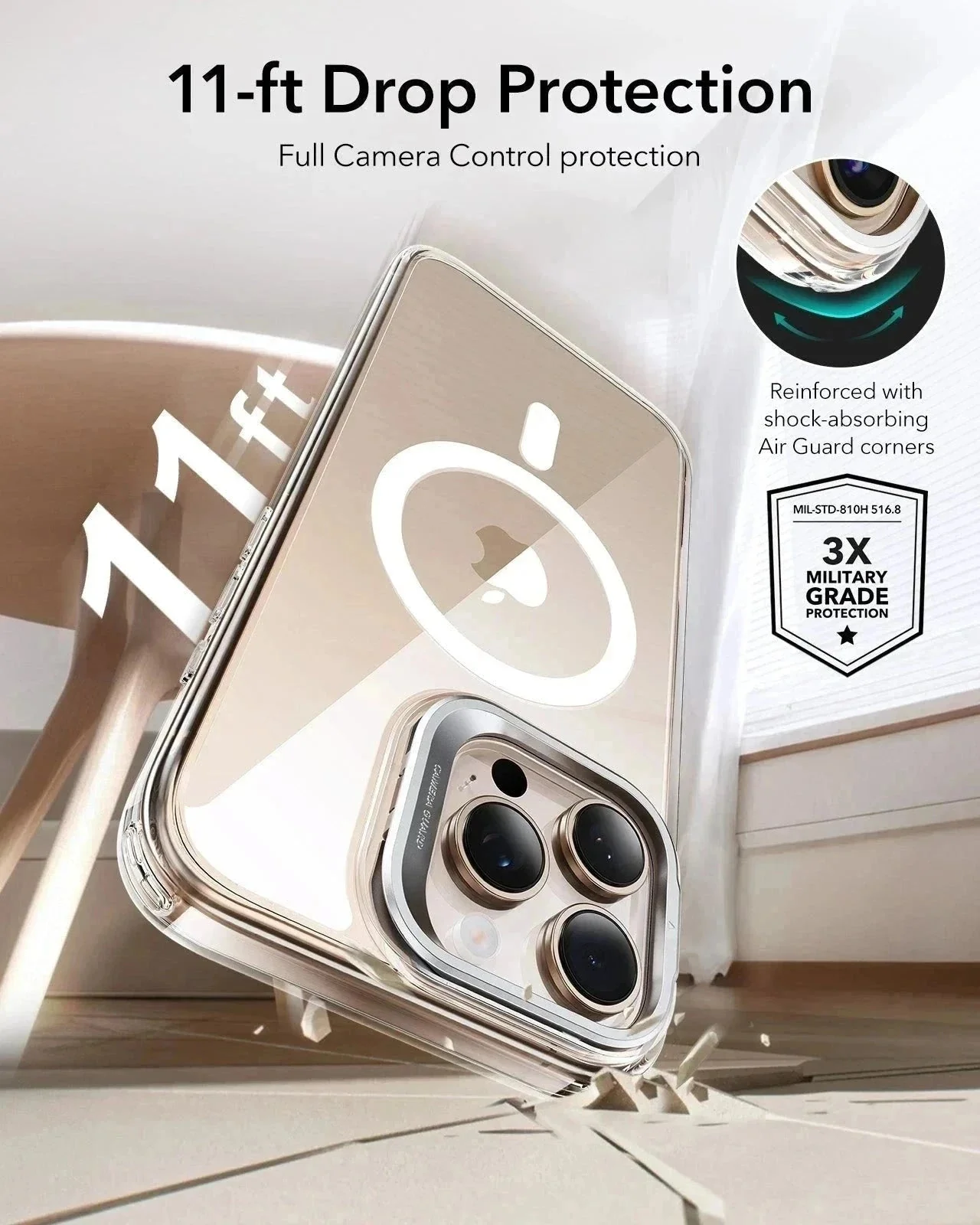 iPhone 16 Pro Classic Hybrid Magnetic Case Protection Bundle (Camera Control, Stash Stand) - Clear - Image 7