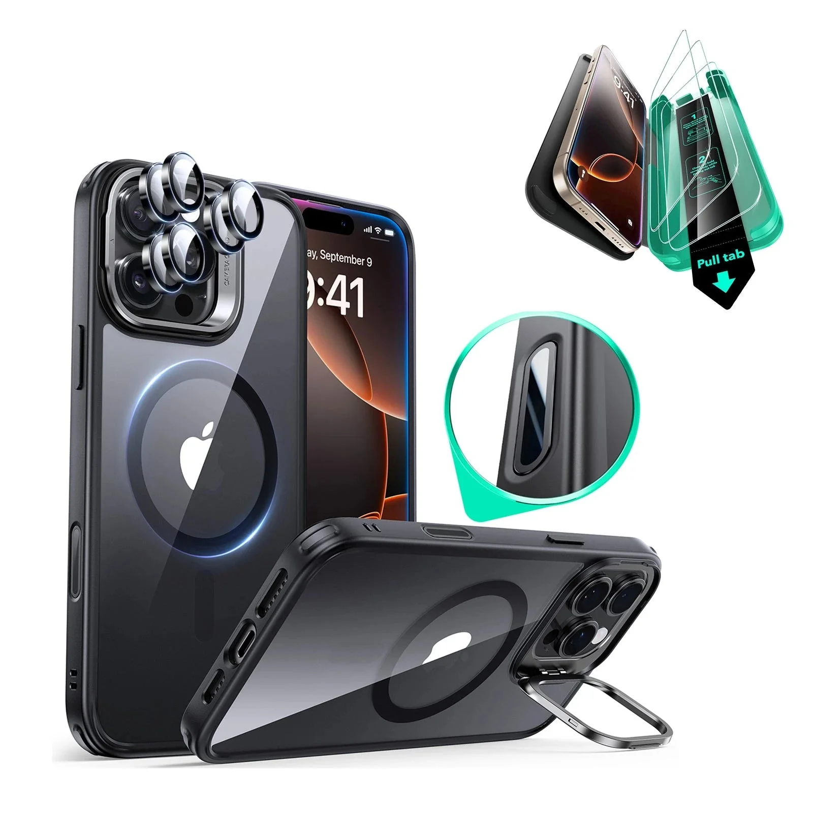 iPhone 16 Pro Classic Hybrid Magnetic Case Protection Bundle (Camera Control, Stash Stand) - Clear Black