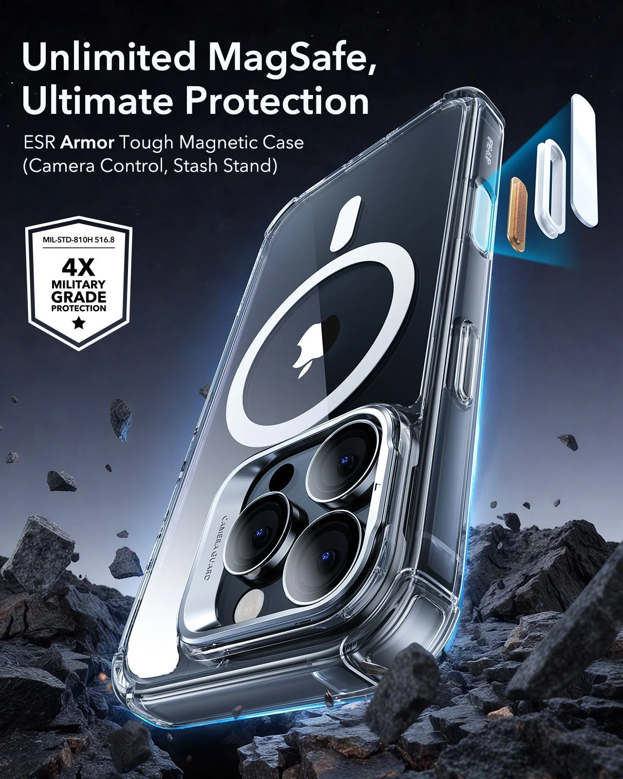 iPhone 16 Pro Max Armor Tough Magnetic Case (Camera Control, Stash Stand) - Clear - Image 2