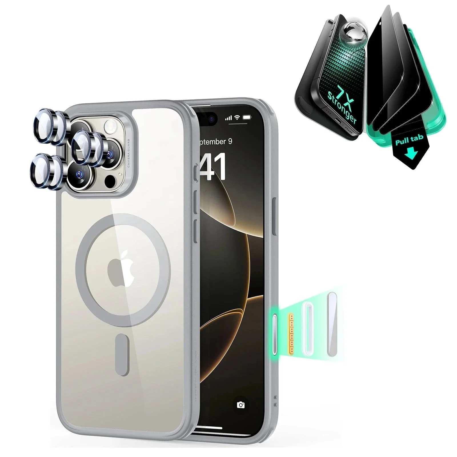 iPhone 16 Pro Max Classic Hybrid Magnetic Case (Camera Control) & Privacy Screen Protector Bundle -Clear Grey