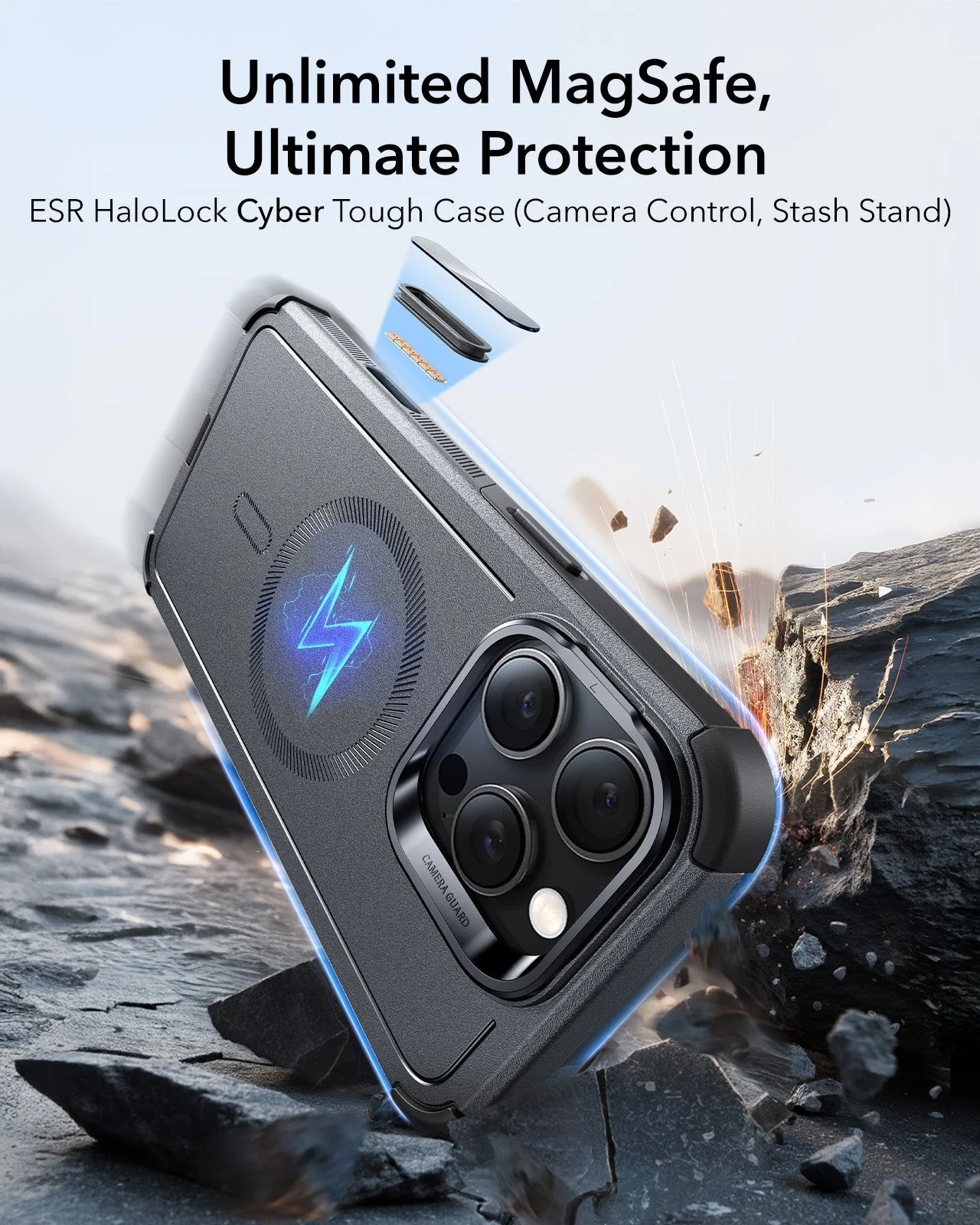 iPhone 16 Pro Max Cyber Tough Magnetic Case (Camera Control, Stash Stand) - Grey - Image 2
