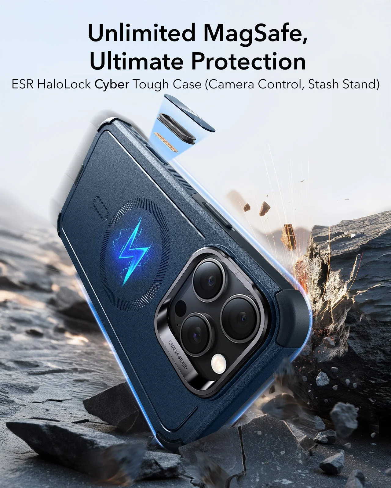 iPhone 16 Pro Max Cyber Tough Magnetic Case (Camera Control, Stash Stand) - Navy Blue - Image 2