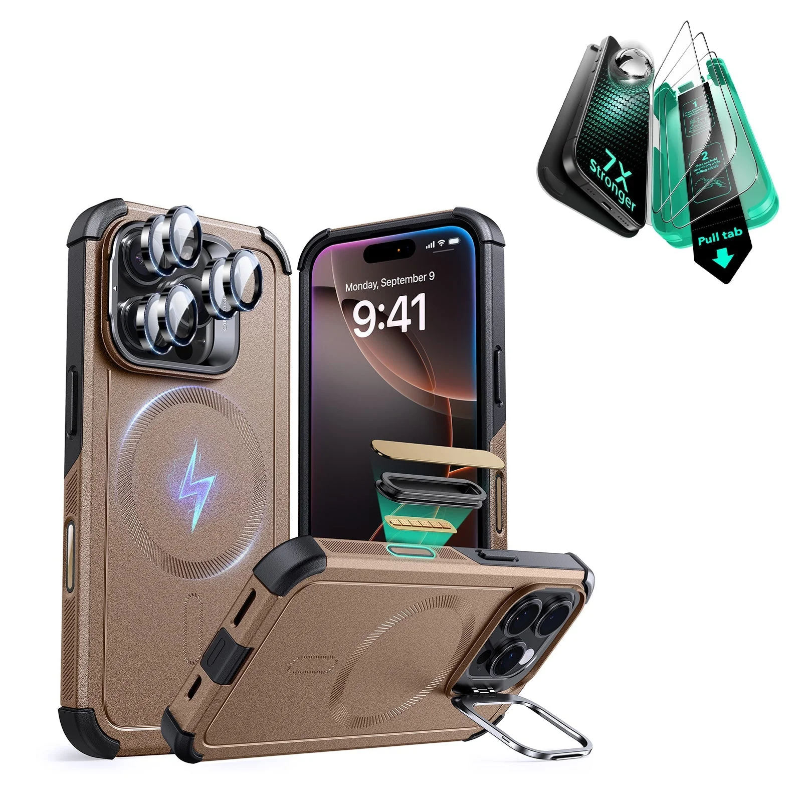 iPhone 16 Pro Max Cyber Tough Magnetic Case Protection Bundle (Camera Control, Stash Stand) - Desert Titanium