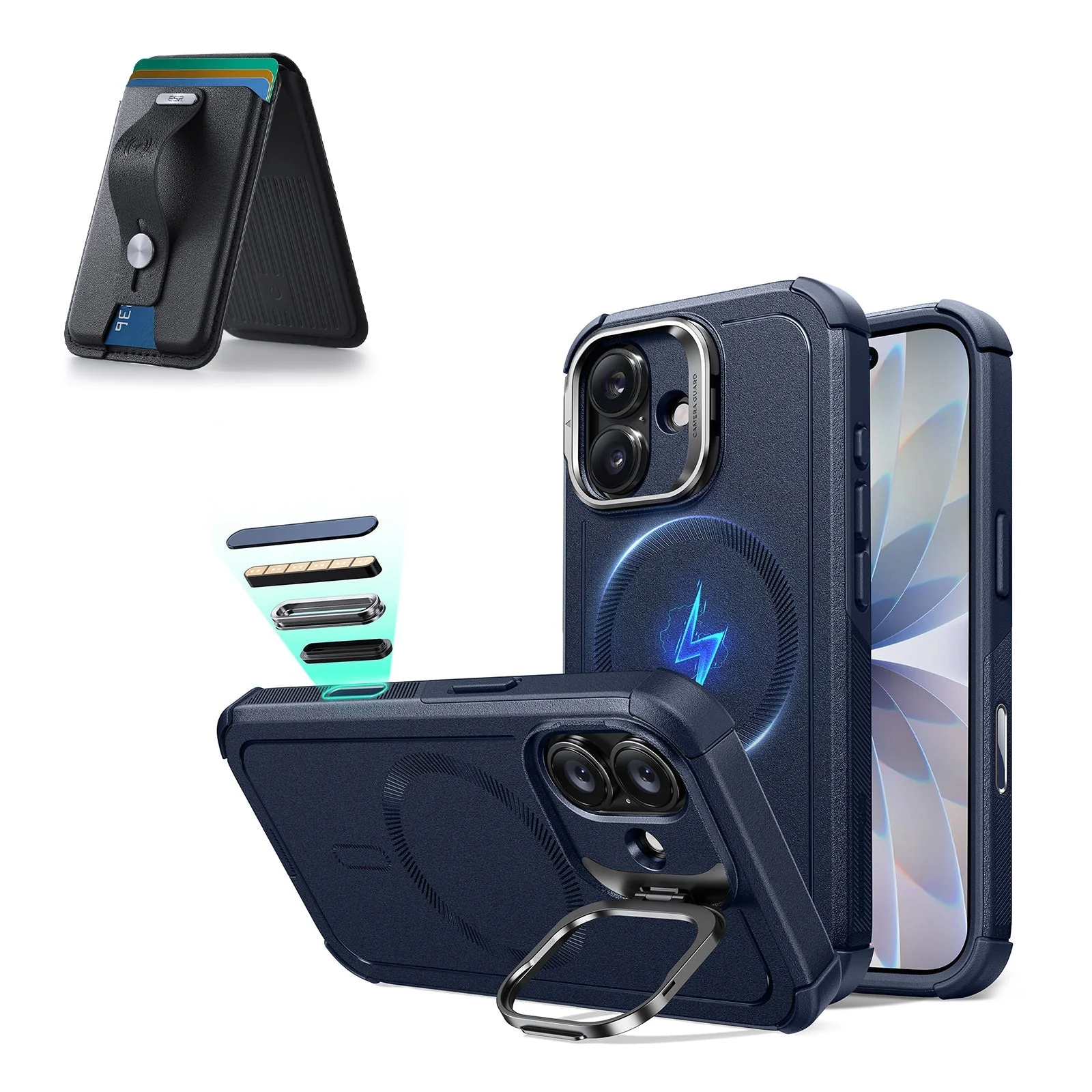 iPhone 17 Cyber Tough Magnetic Case (Camera Control, Stash Stand) with Wallet Stand Bundle - Navy Blue