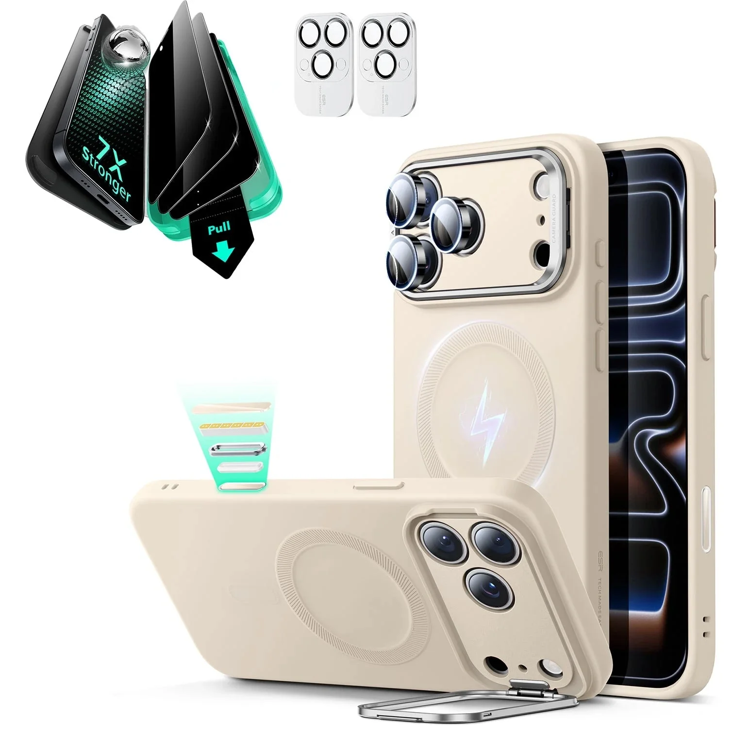 iPhone 17 Pro Max Cloud Soft Magnetic Case (Camera Control, Stash Stand) Armorite Privacy Protection Bundle - Light Tan
