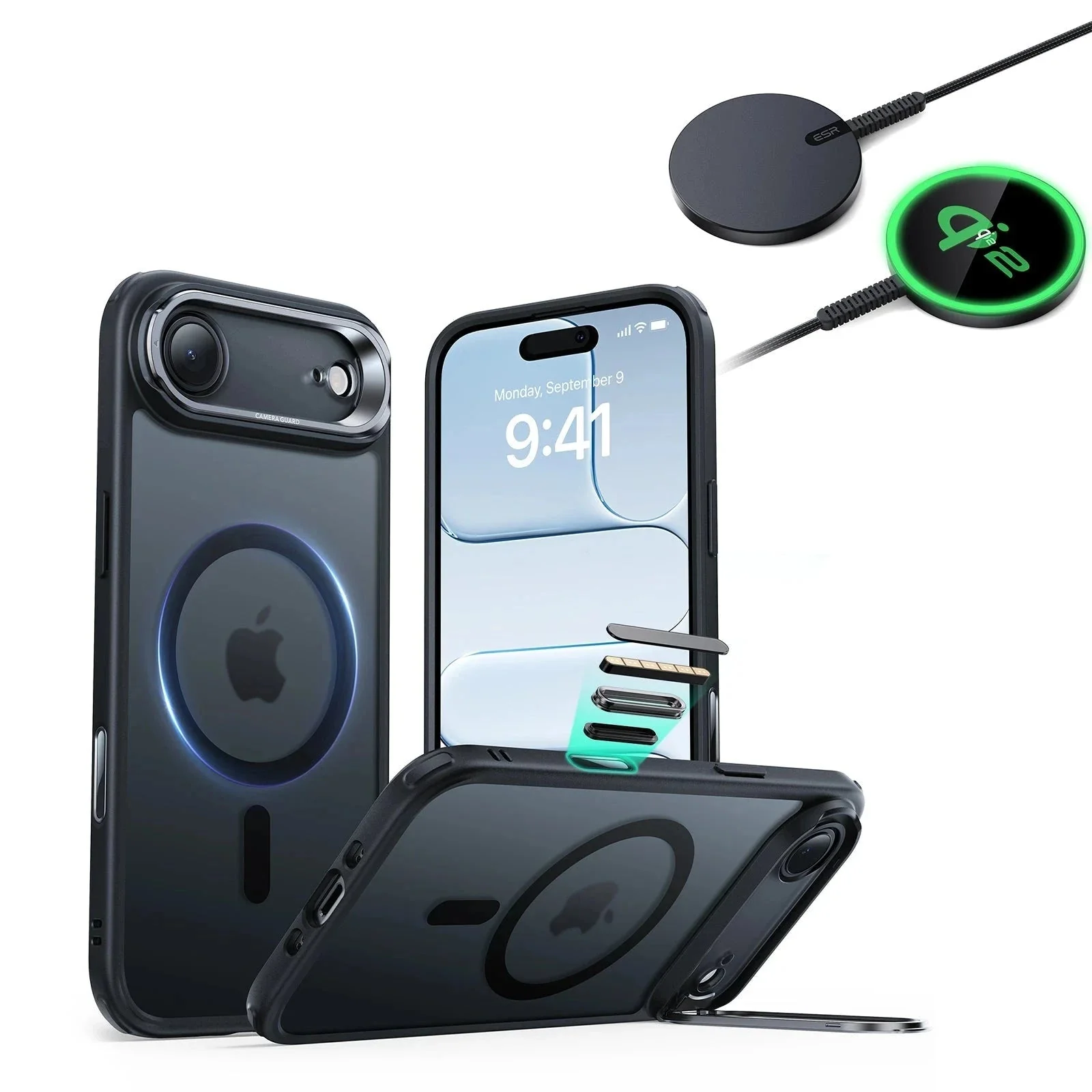 iPhone Air Bundle Classic Hybrid Magnetic Case (Camera Control, Stash Stand) and Magnetic Charging Pad (Qi2) - Frosted Black