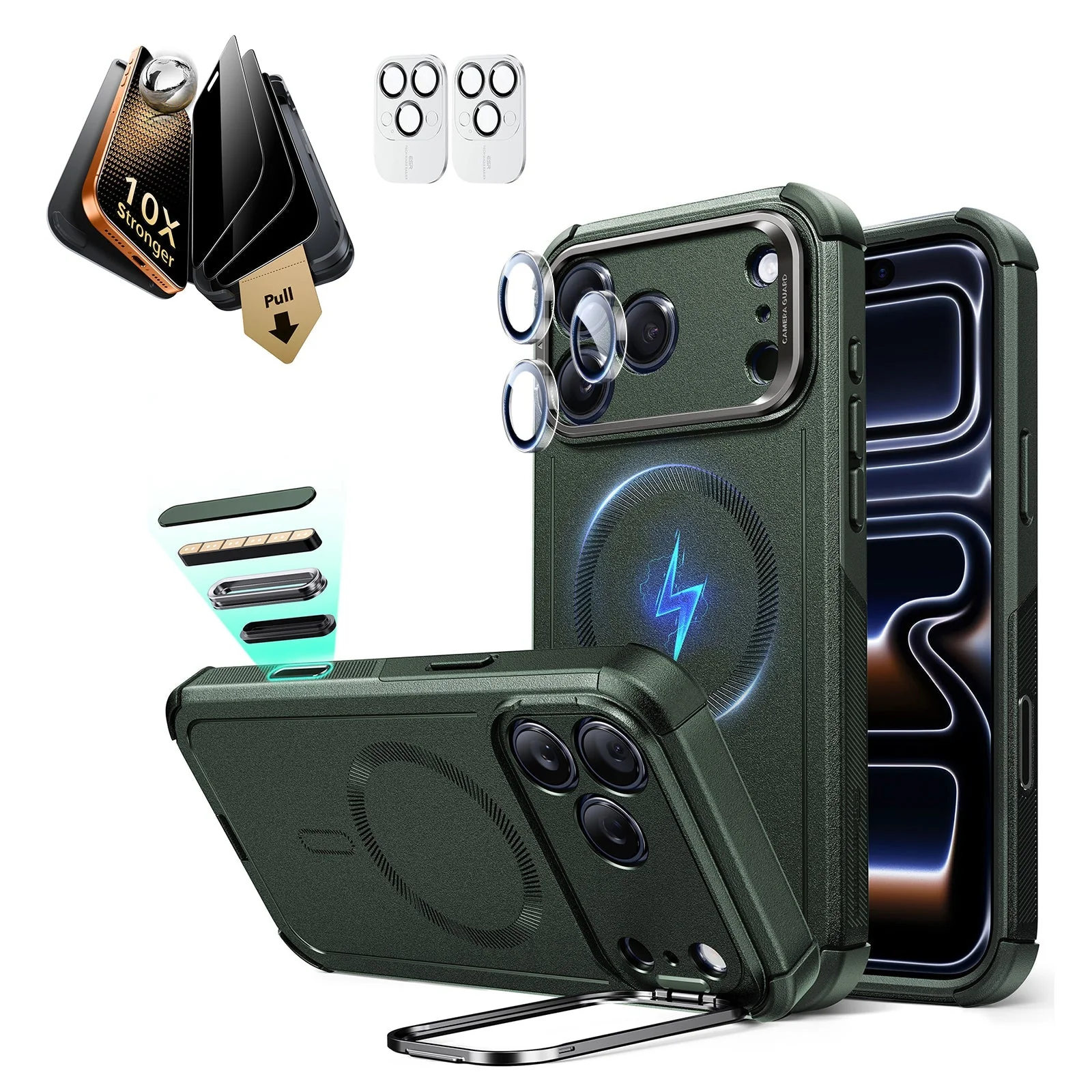 iPhone 17 Pro Bundle Cyber Tough Magnetic Case (Stash Stand) and Armorite Pro Privacy Screen Protector - Olive Green
