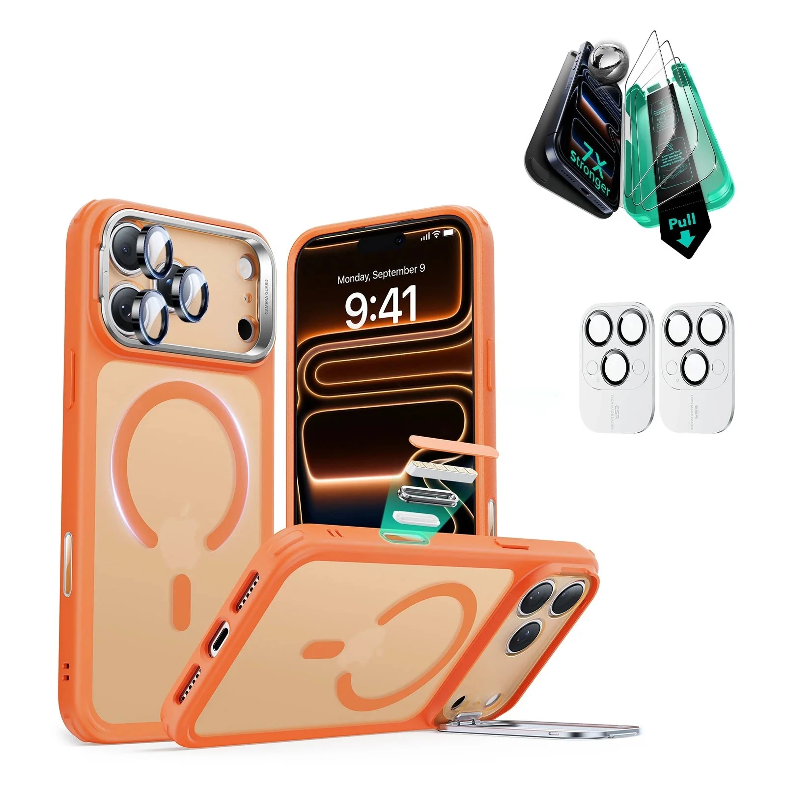 iPhone 17 Pro Bundle Classic Hybrid Magnetic Case (Camera Control, Stash Stand) and Armorite Screen Protector - Frosted Orange