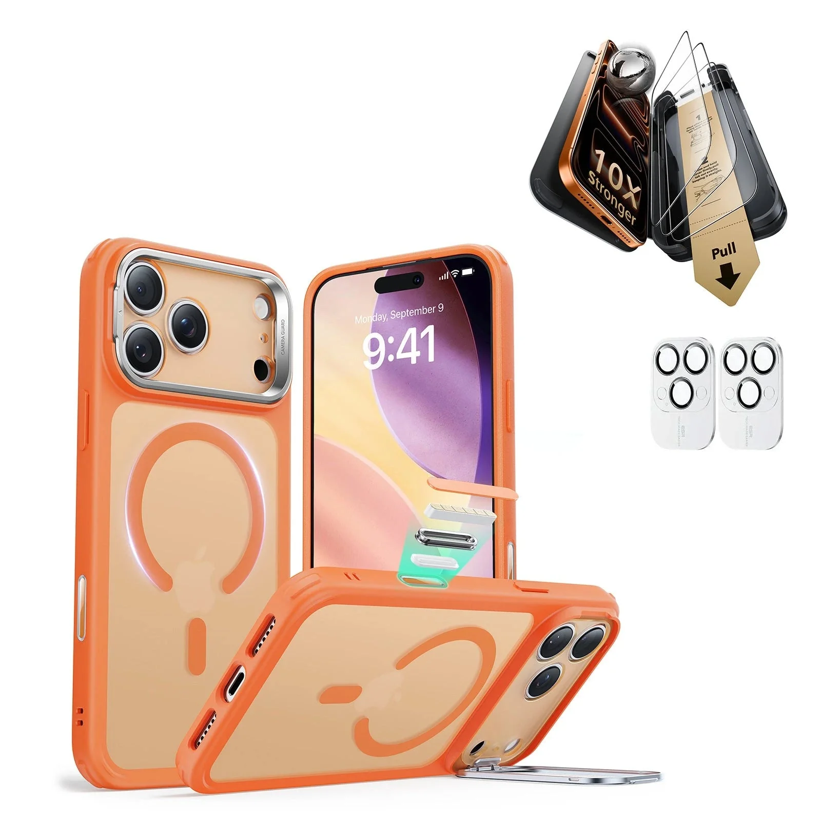 iPhone 17 Pro Max Bundle Classic Hybrid Magnetic Case (Camera Control, Stash Stand) and Armorite Pro Screen Protector - Frosted Orange