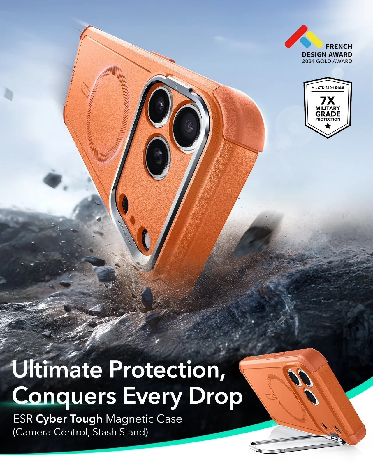 iPhone 17 Pro Max Cyber Tough Magnetic Case (Camera Control, Stash Stand) - Orange - Image 2