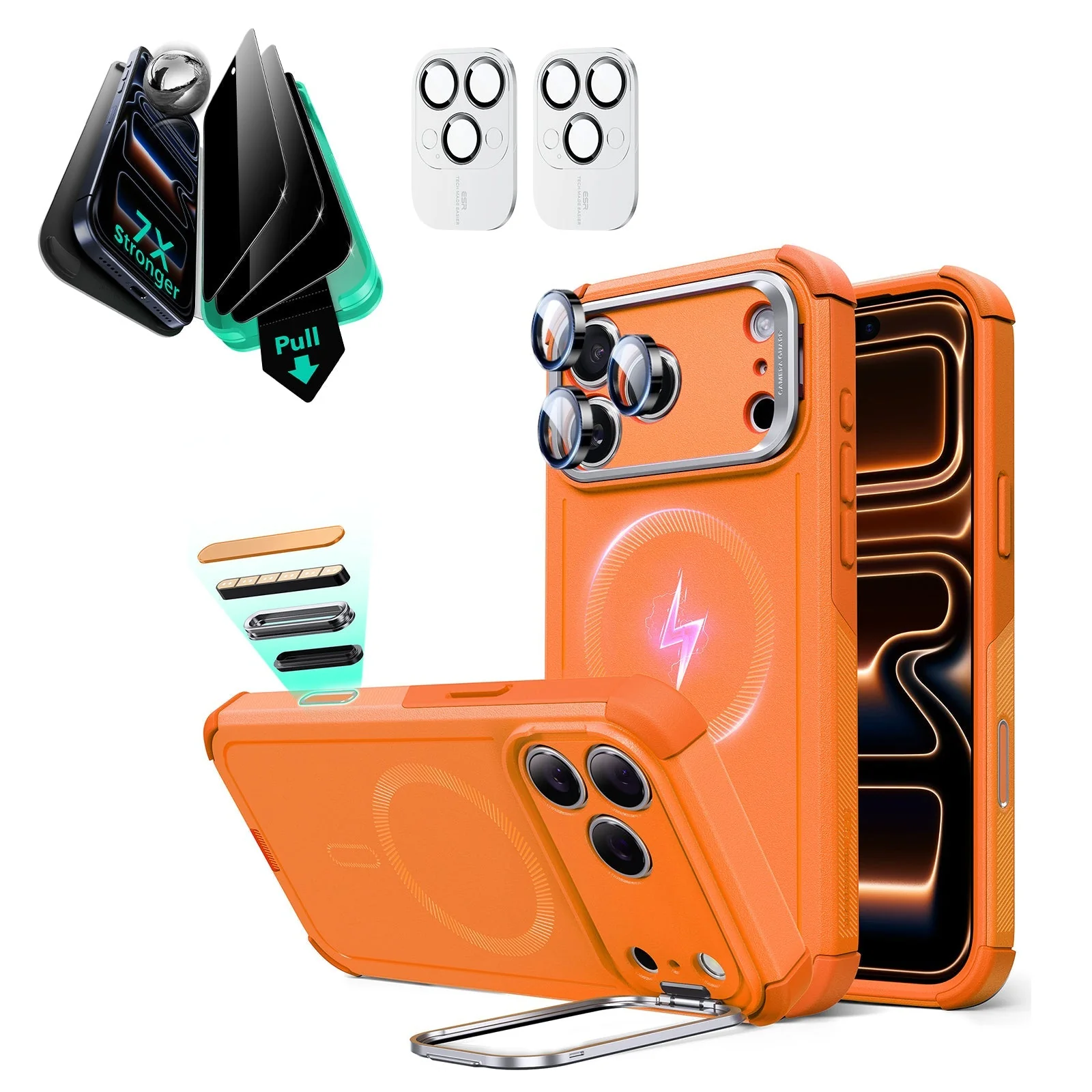 iPhone 17 Pro Max Bundle Cyber Tough Magnetic Case (Camera Control, Stash Stand) and Armorite Privacy Screen Protector - Orange