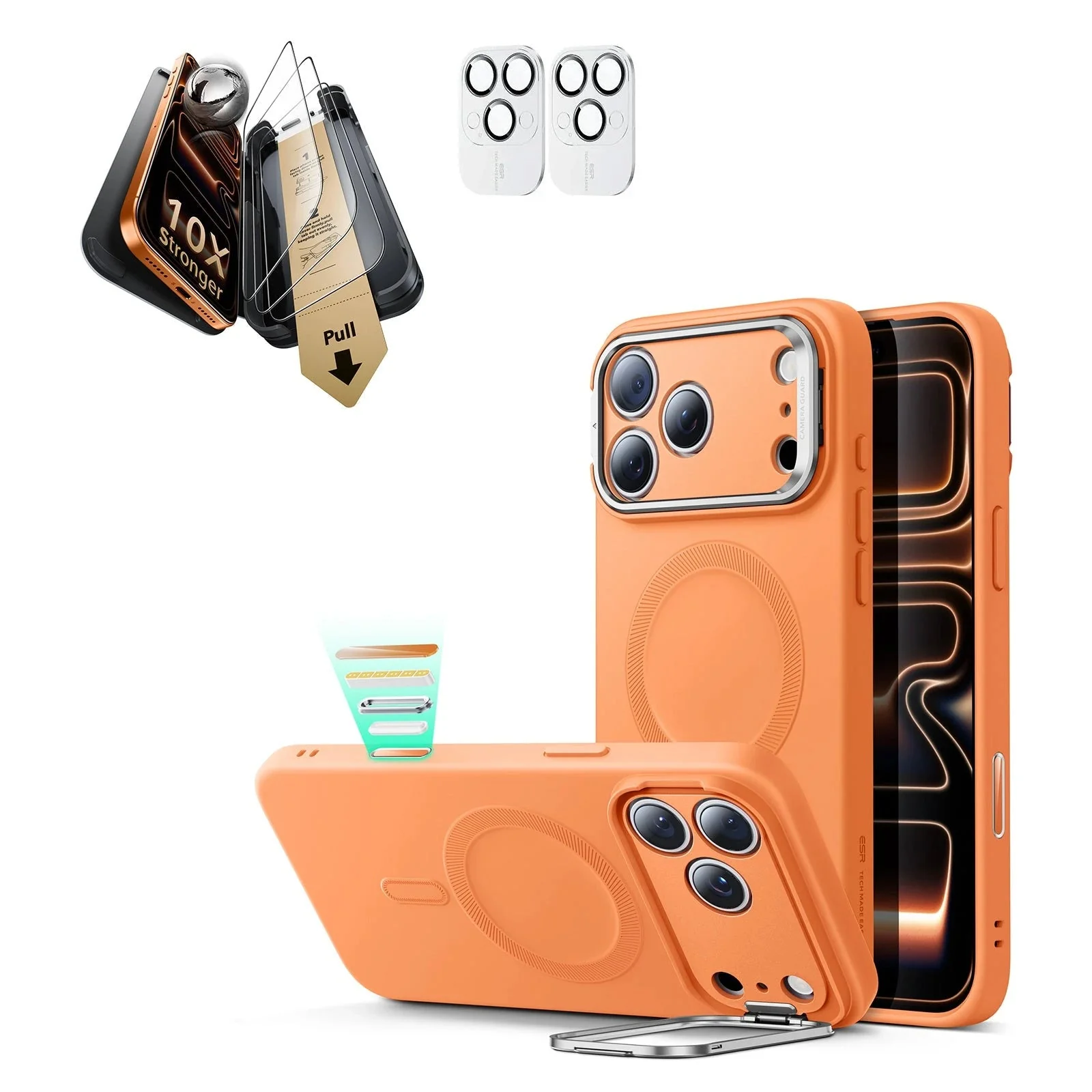 iPhone 17 Pro Max Bundle Cloud Soft Magnetic Case (Camera Control, Stash Stand) and Armorite Pro Screen Protector - Orange