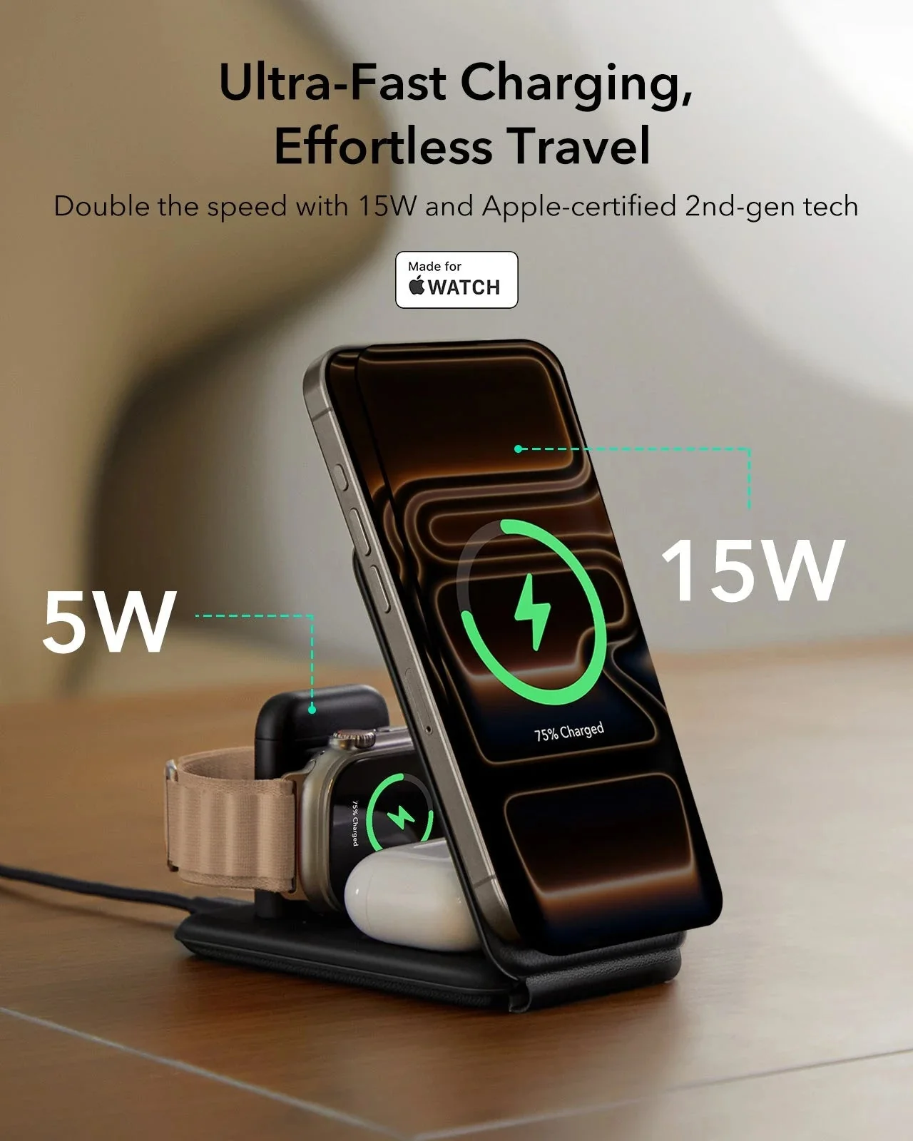 15W 3-in-1 Travel Wireless Charging Set (Bag Included) - Black - UK Plug - Image 2