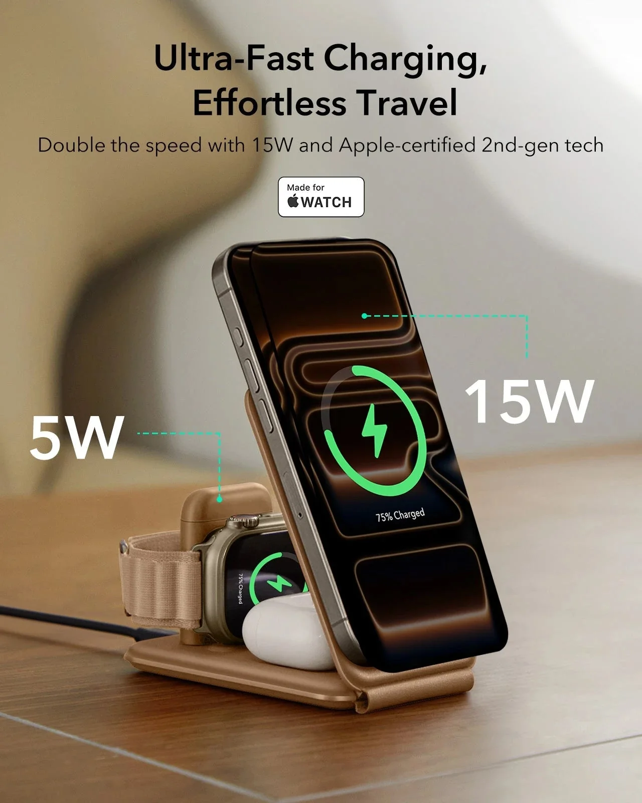 15W 3-in-1 Travel Wireless Charging Set - Brown - EU Plug - Image 3