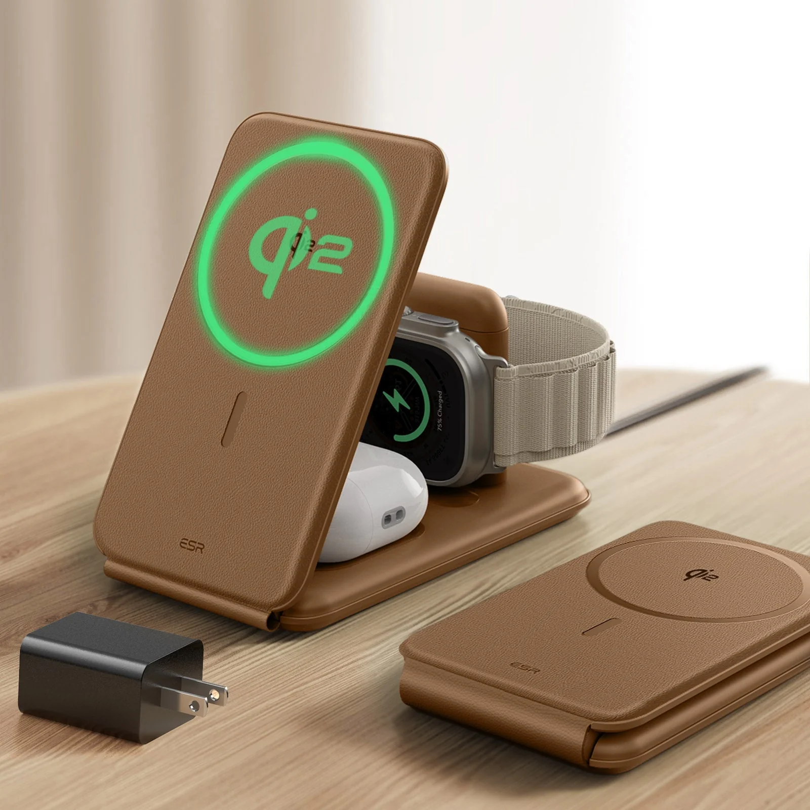 Qi2 3-in-1 Travel Wireless Charging Set - Brown - US Plug