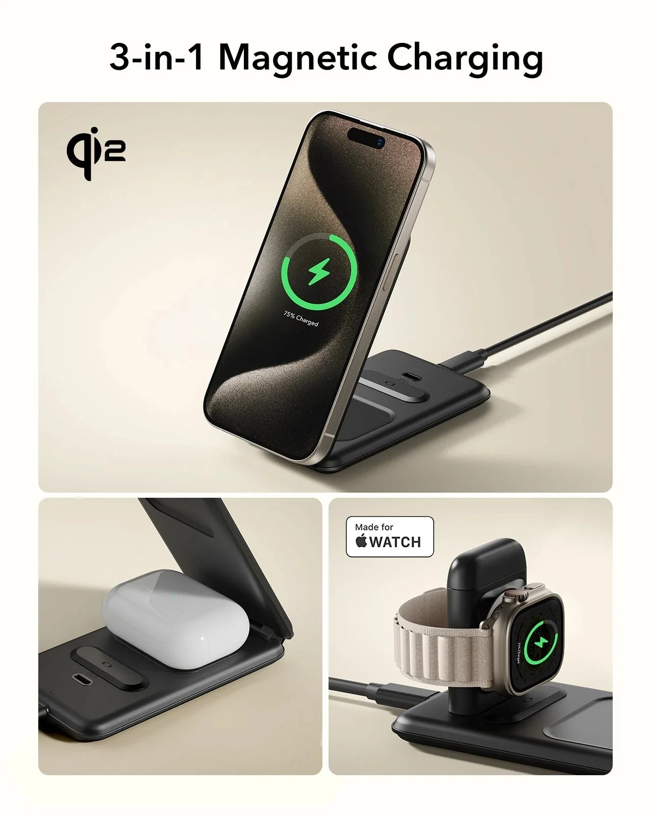 Qi2 3-in-1 Travel Wireless Charging Set - Brown - US Plug - Image 10