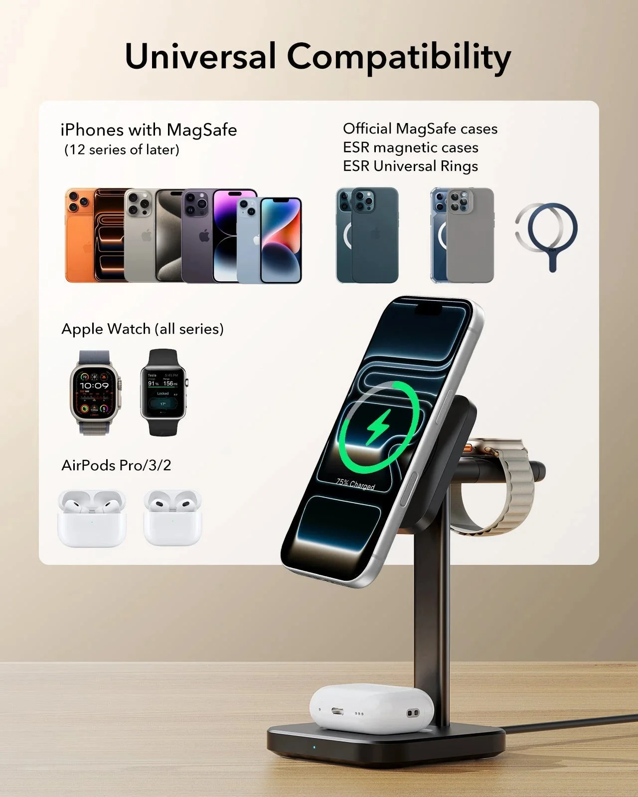 3-in-1 Magnetic Charging Station (15W)- Black - EU PLUG - Image 7