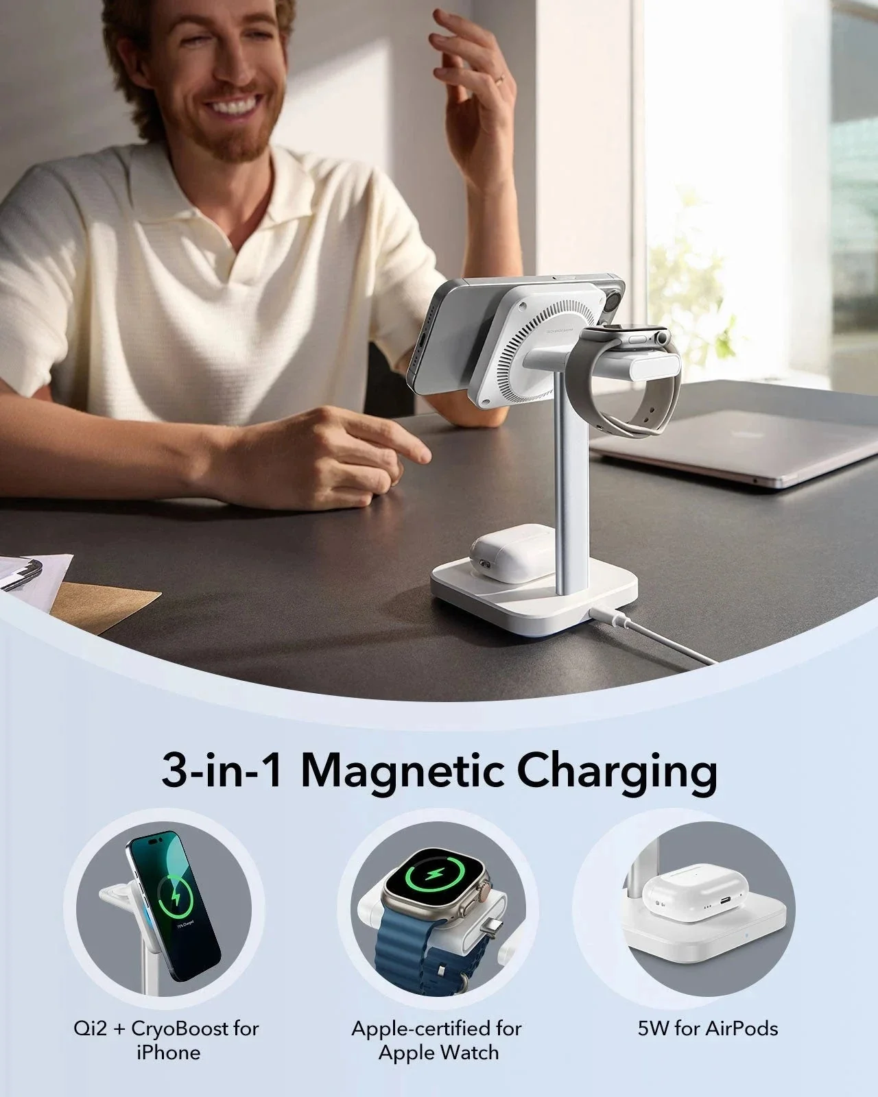 15W 3-in-1 Wireless Charging Station with CryoBoost (HaloLock) - Black - US Plug - Image 8