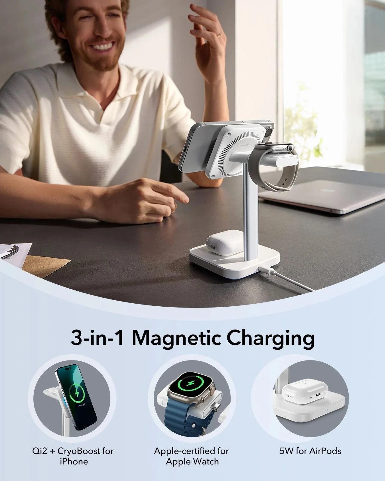 15W 3-in-1 Wireless Charging Station with CryoBoost (HaloLock) - White - US Plug - Image 7
