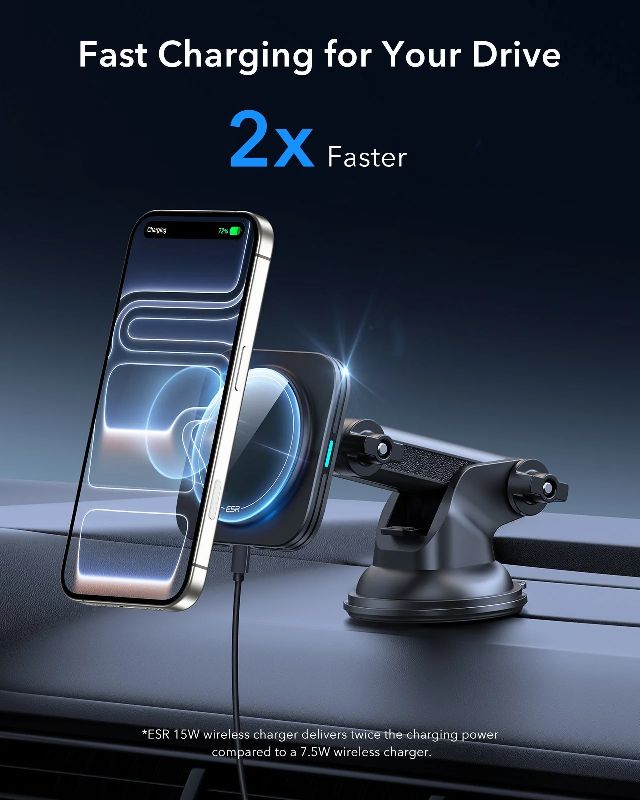 15W Dashboard Wireless Car Charger (HaloLock) - Black - Image 3