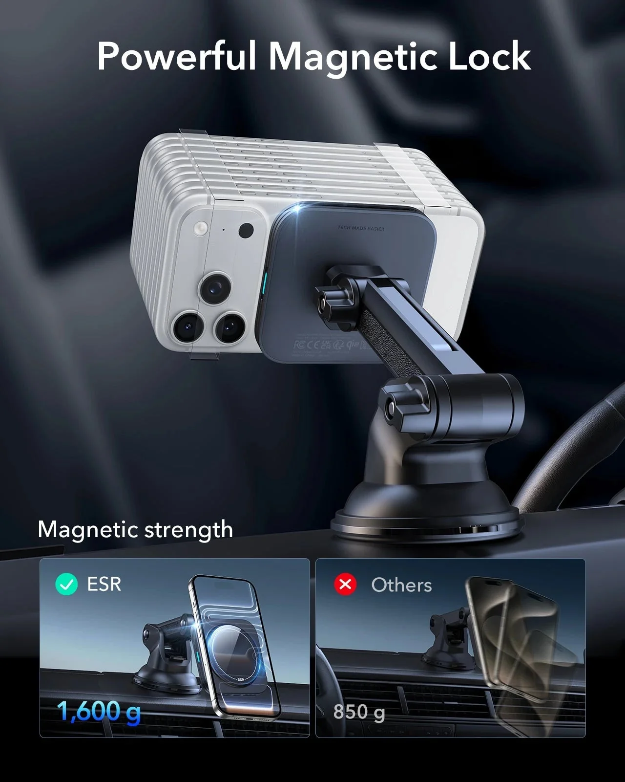 15W Dashboard Wireless Car Charger (HaloLock) - Black - Image 5