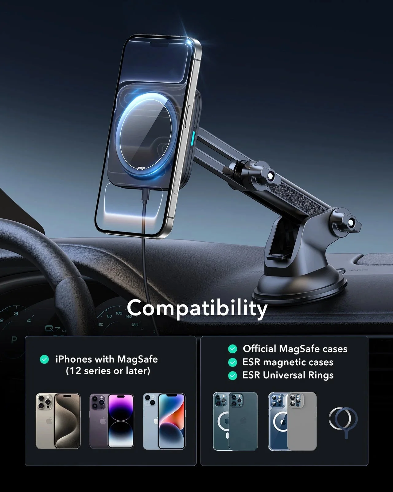 15W Dashboard Wireless Car Charger (HaloLock) - Black - Image 6